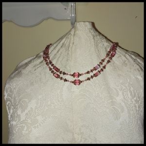Pink Double Strand Sparkly Crystals Necklace
